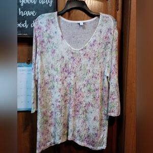 J Jill Floral Print Linen Blend Open Weave V neck Women's Top Large